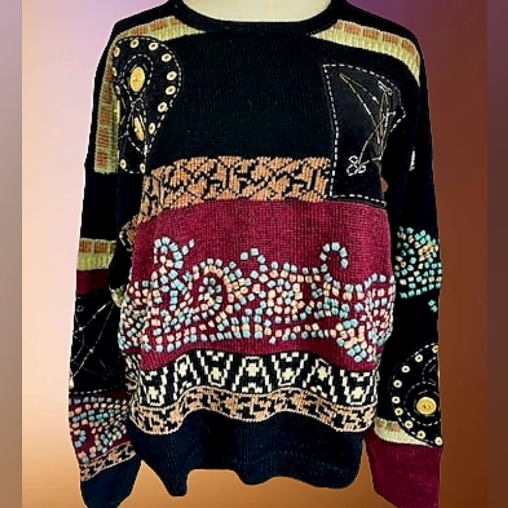📣 Vintage 90's Carole Little Coogi Knit Wool Sweater Unique Detail Beaded M 😍